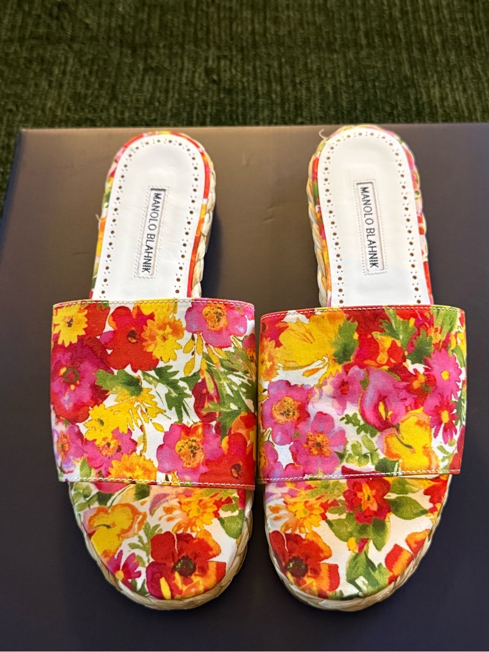 Manolo Blahnik Floral Slide Mules in Pink, Yellow & Green